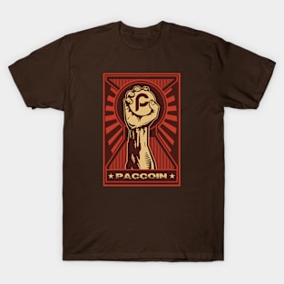 Paccoin: Propaganda style triumphant fist clutching a Paccoin T-Shirt